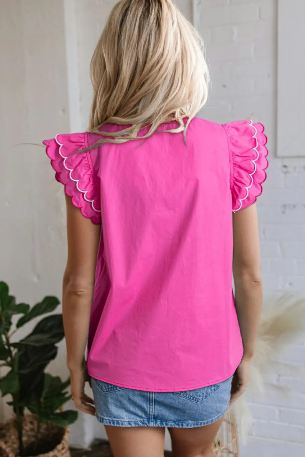 Hot Dear-Lover Contrast Scallop Trim Layered Short Sleeve V Neck Blouse Bright Pink