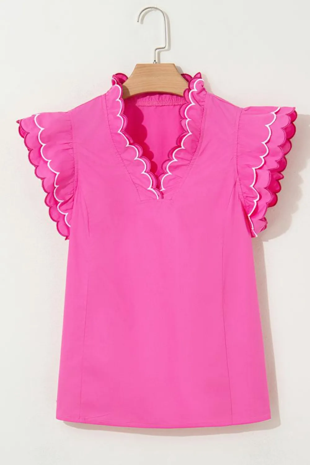 Hot Dear-Lover Contrast Scallop Trim Layered Short Sleeve V Neck Blouse Bright Pink