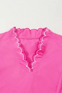 Hot Dear-Lover Contrast Scallop Trim Layered Short Sleeve V Neck Blouse Bright Pink