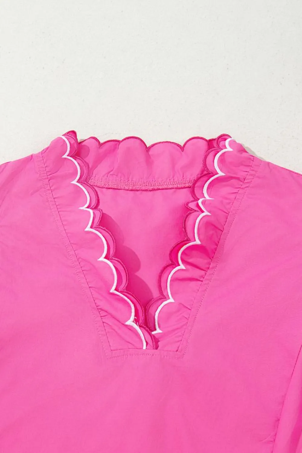 Hot Dear-Lover Contrast Scallop Trim Layered Short Sleeve V Neck Blouse Bright Pink