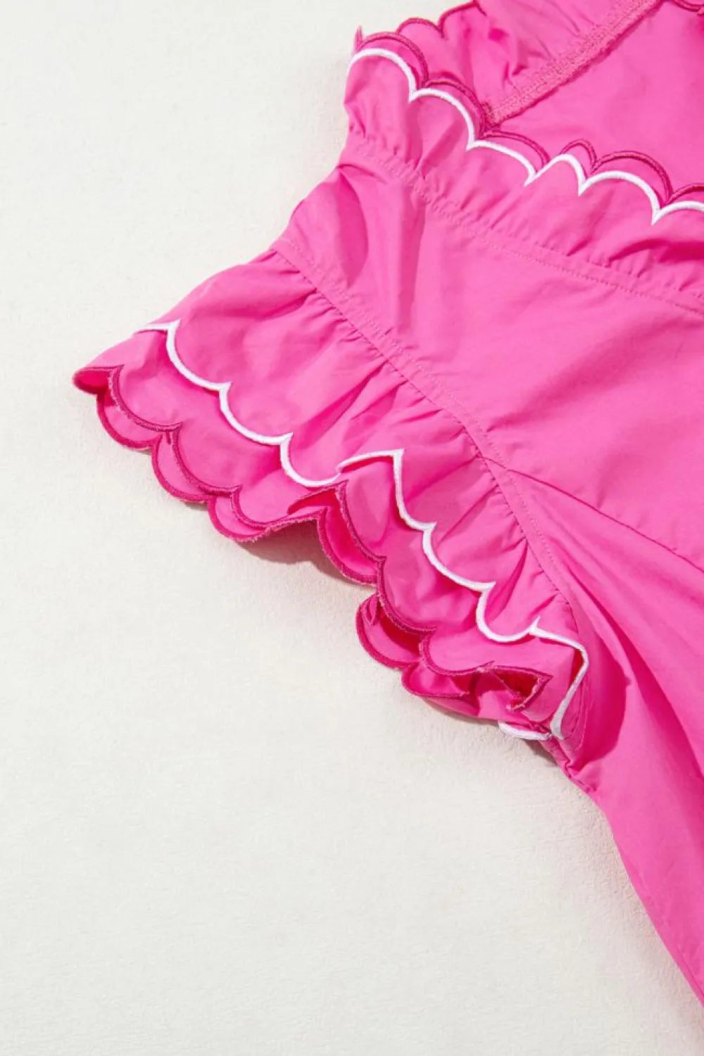 Hot Dear-Lover Contrast Scallop Trim Layered Short Sleeve V Neck Blouse Bright Pink