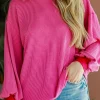 Best Dear-Lover Corded Contrast Edge Drop Shoulder Long Sleeve Top Bright Pink