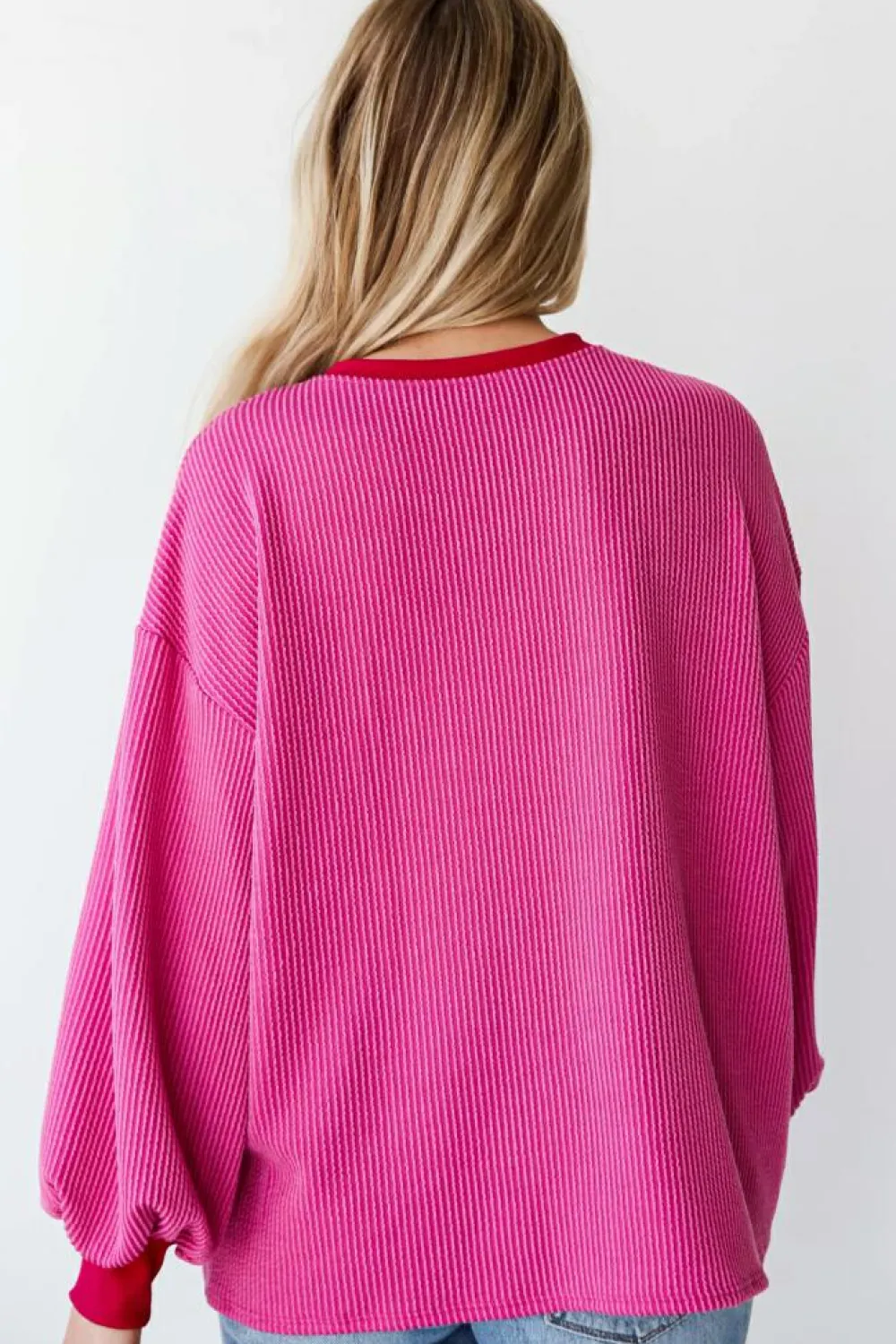 Best Dear-Lover Corded Contrast Edge Drop Shoulder Long Sleeve Top Bright Pink