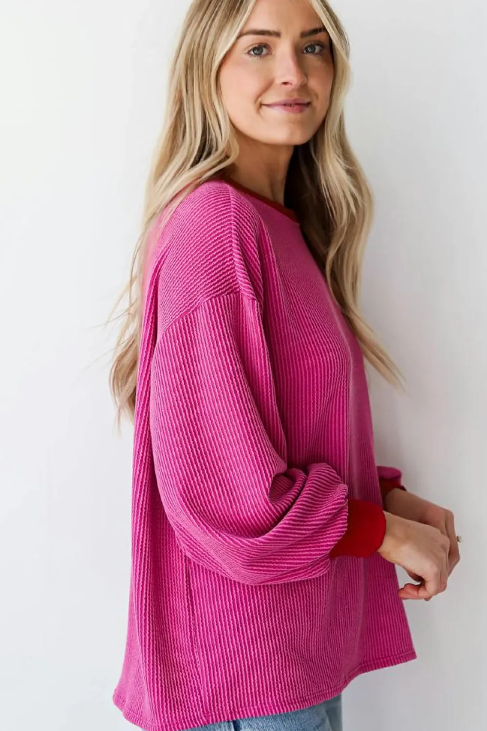 Best Dear-Lover Corded Contrast Edge Drop Shoulder Long Sleeve Top Bright Pink