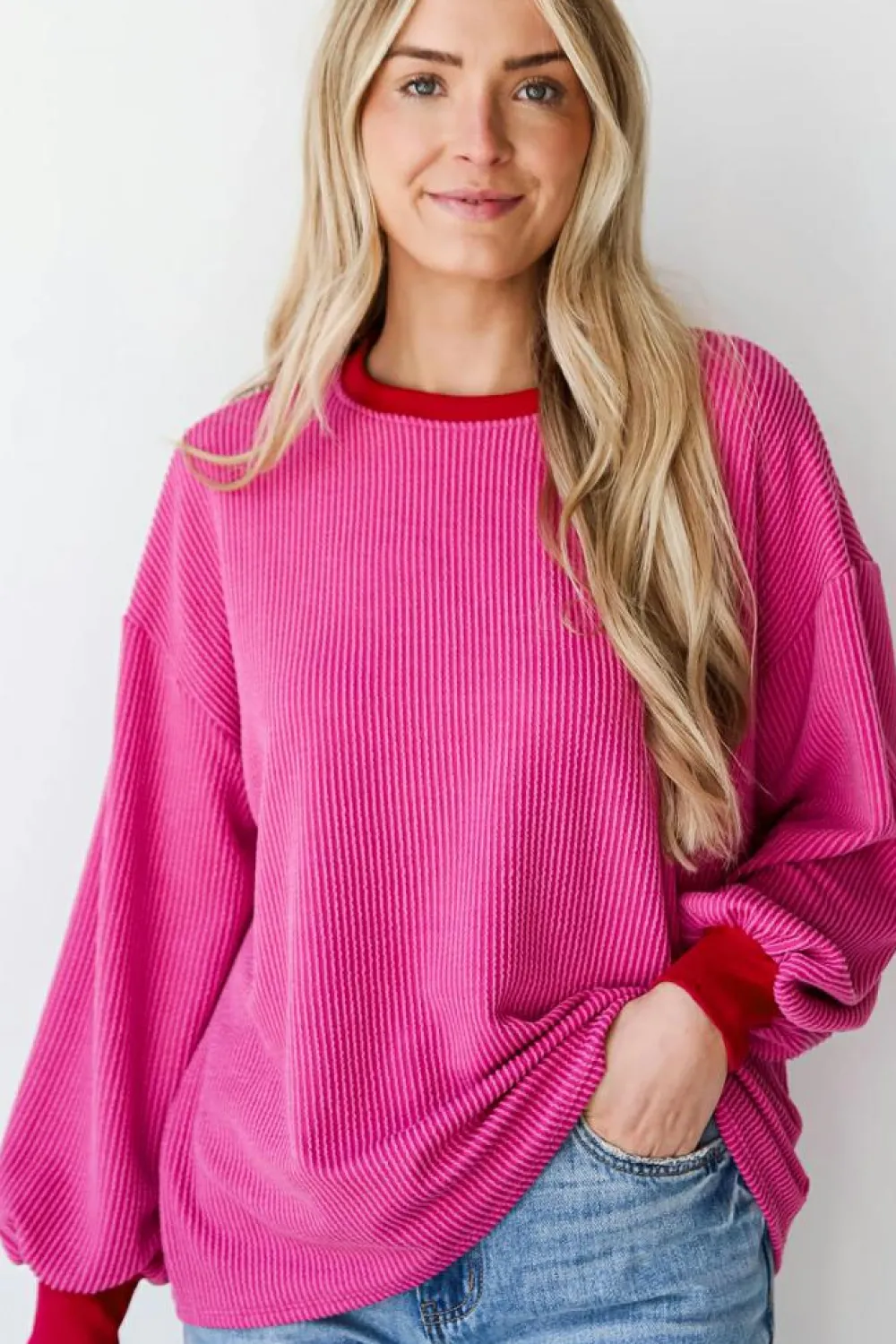 Best Dear-Lover Corded Contrast Edge Drop Shoulder Long Sleeve Top Bright Pink