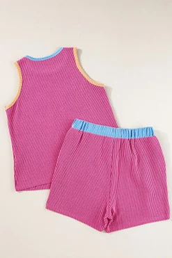 Hot Dear-Lover Corded Contrast Trim Sleeveless Top and Shorts Set Bright Pink