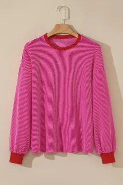 Best Dear-Lover Corded Contrast Edge Drop Shoulder Long Sleeve Top Bright Pink