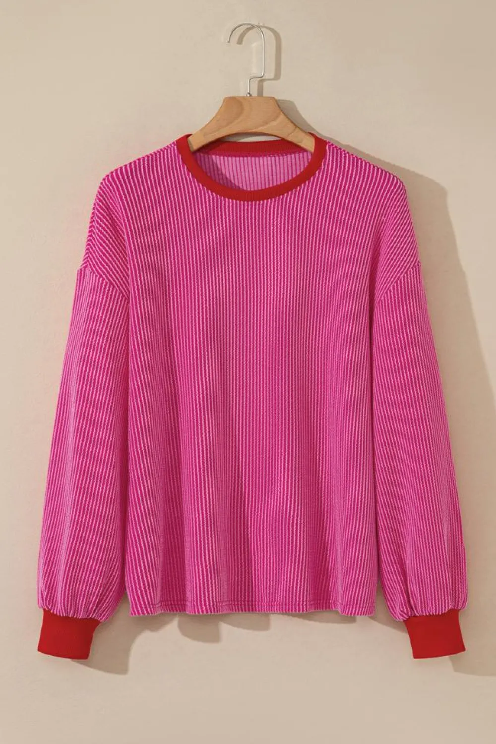 Best Dear-Lover Corded Contrast Edge Drop Shoulder Long Sleeve Top Bright Pink