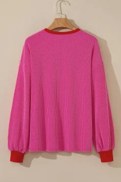 Best Dear-Lover Corded Contrast Edge Drop Shoulder Long Sleeve Top Bright Pink