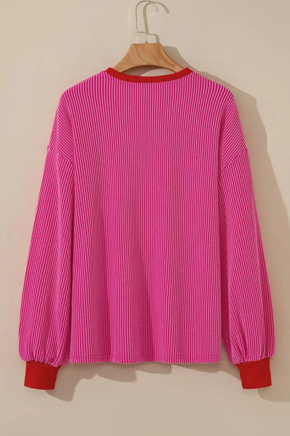 Best Dear-Lover Corded Contrast Edge Drop Shoulder Long Sleeve Top Bright Pink