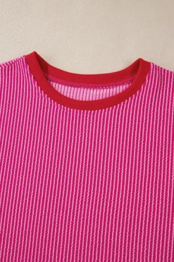 Best Dear-Lover Corded Contrast Edge Drop Shoulder Long Sleeve Top Bright Pink