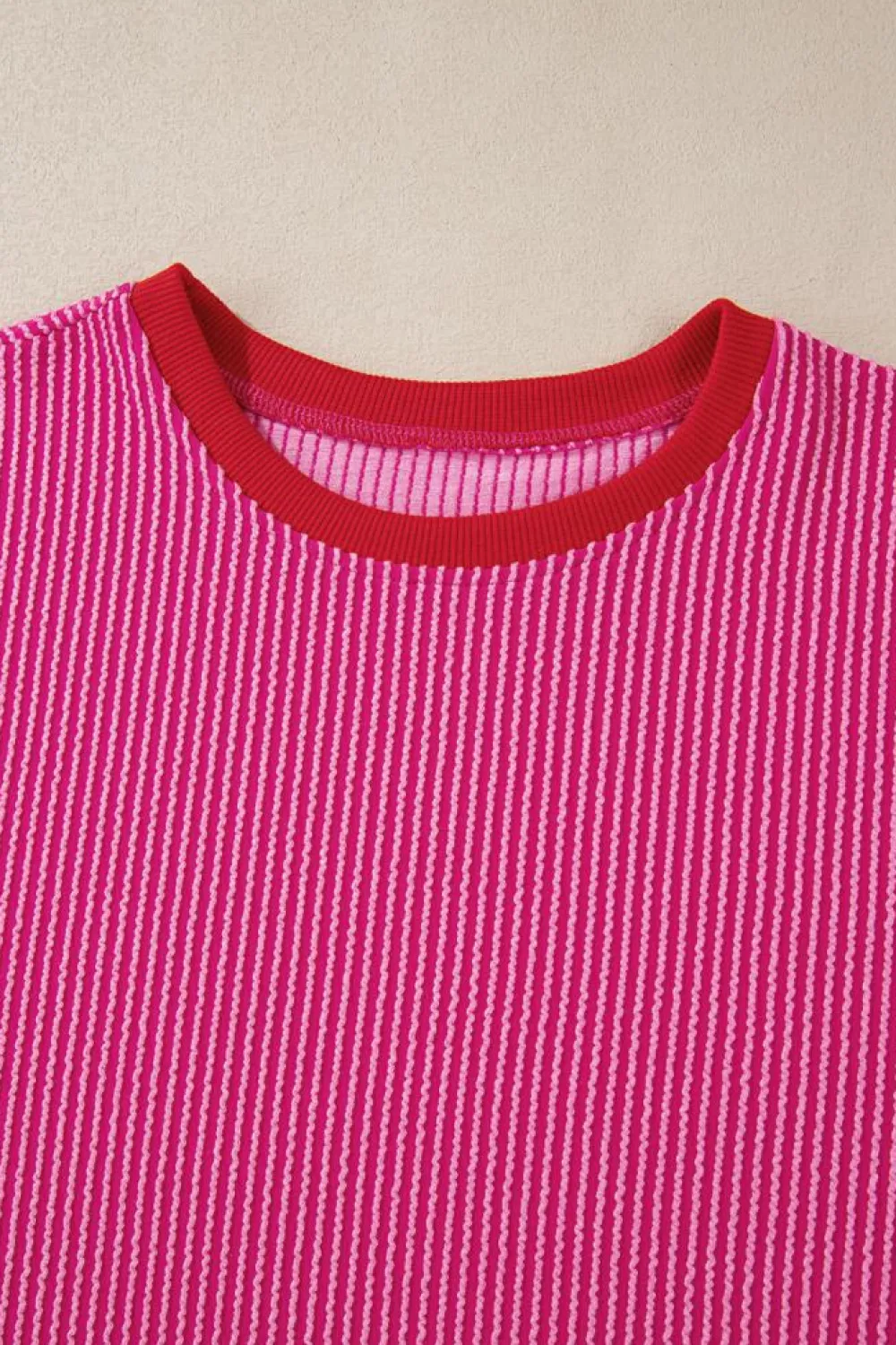 Best Dear-Lover Corded Contrast Edge Drop Shoulder Long Sleeve Top Bright Pink