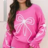 Sale Dear-Lover Corded Flower Bow Ribbed Trim Casual Sweater Bright Pink