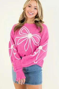 Sale Dear-Lover Corded Flower Bow Ribbed Trim Casual Sweater Bright Pink