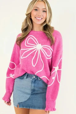 Sale Dear-Lover Corded Flower Bow Ribbed Trim Casual Sweater Bright Pink