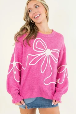 Sale Dear-Lover Corded Flower Bow Ribbed Trim Casual Sweater Bright Pink