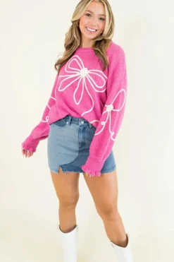 Sale Dear-Lover Corded Flower Bow Ribbed Trim Casual Sweater Bright Pink