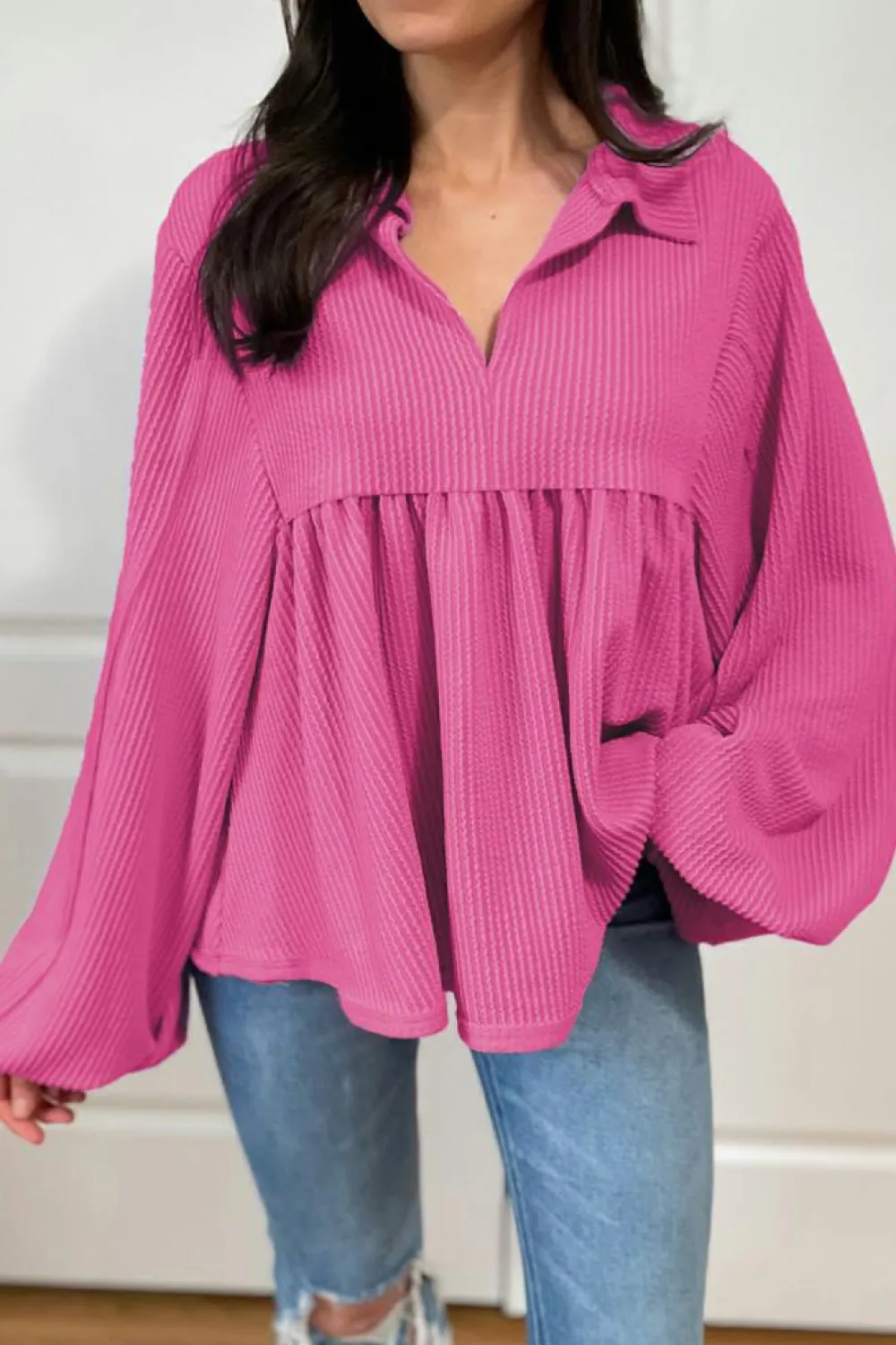 Online Dear-Lover Corded Turn-down V Neck Bubble Sleeve Babydoll Blouse Bright Pink