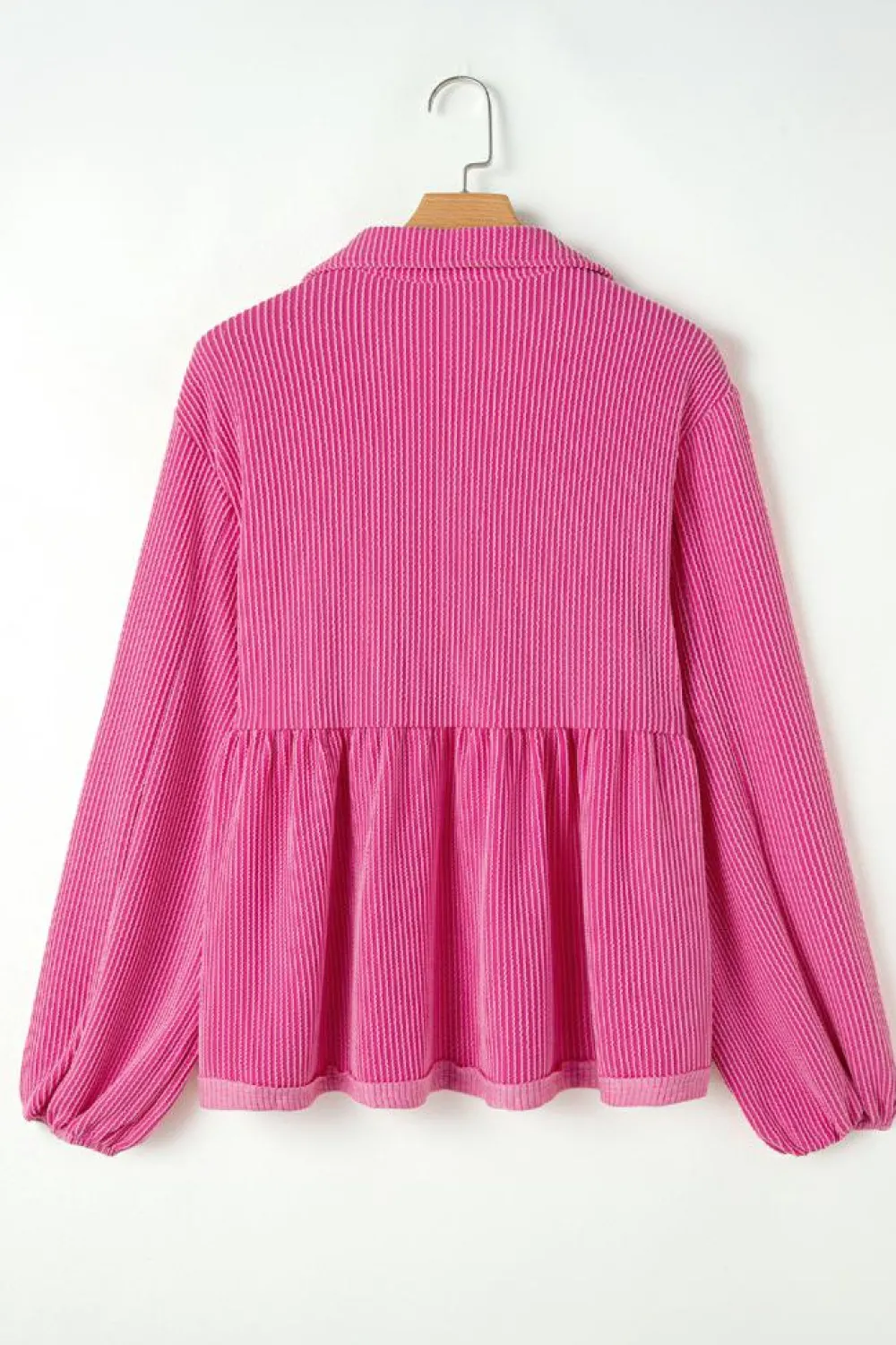 Online Dear-Lover Corded Turn-down V Neck Bubble Sleeve Babydoll Blouse Bright Pink