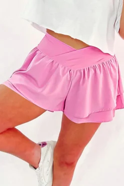 Best Dear-Lover Crossed Waist Tiered Flowy Shorts Bright Pink