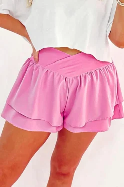 Best Dear-Lover Crossed Waist Tiered Flowy Shorts Bright Pink