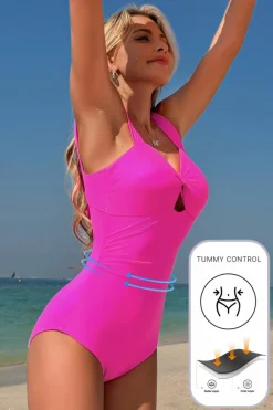 Best Dear-Lover Cut out Twist Bowknot Backless One Piece Swimsuit Bright Pink