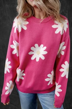 Clearance Dear-Lover Daisy Flower Crew Neck Long Sleeve Sweater Bright Pink