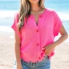 Sale Dear-Lover Distressed Hem Short Sleeve Knitted Button Front Sweater Bright Pink