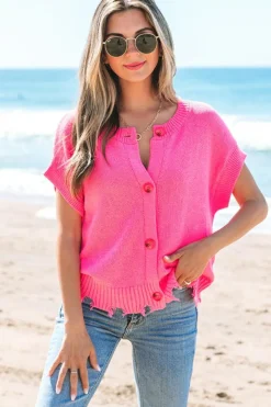 Sale Dear-Lover Distressed Hem Short Sleeve Knitted Button Front Sweater Bright Pink