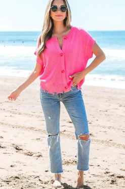 Sale Dear-Lover Distressed Hem Short Sleeve Knitted Button Front Sweater Bright Pink
