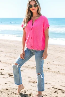 Sale Dear-Lover Distressed Hem Short Sleeve Knitted Button Front Sweater Bright Pink