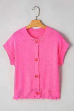 Sale Dear-Lover Distressed Hem Short Sleeve Knitted Button Front Sweater Bright Pink