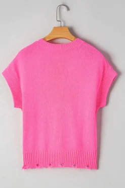 Sale Dear-Lover Distressed Hem Short Sleeve Knitted Button Front Sweater Bright Pink