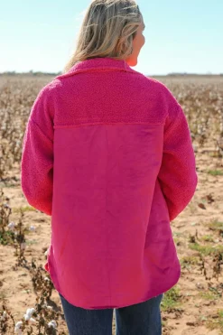 New Dear-Lover Faux Suede Sherpa Patchwork Button-up Shacket Bright Pink