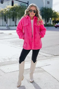 New Dear-Lover Faux Suede Sherpa Patchwork Button-up Shacket Bright Pink