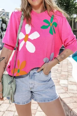 Hot Dear-Lover Floral Bubble Short Sleeve Sweater Bright Pink