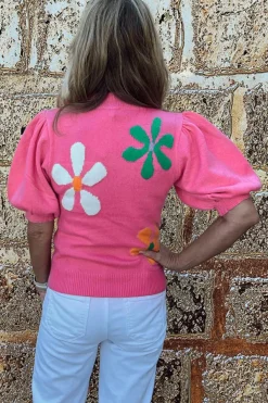 Hot Dear-Lover Floral Bubble Short Sleeve Sweater Bright Pink