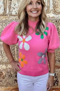 Hot Dear-Lover Floral Bubble Short Sleeve Sweater Bright Pink