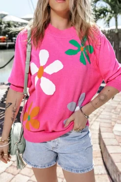 Hot Dear-Lover Floral Bubble Short Sleeve Sweater Bright Pink