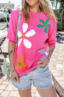Hot Dear-Lover Floral Bubble Short Sleeve Sweater Bright Pink