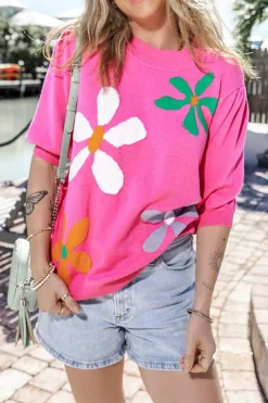 Hot Dear-Lover Floral Bubble Short Sleeve Sweater Bright Pink