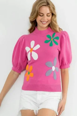 Hot Dear-Lover Floral Bubble Short Sleeve Sweater Bright Pink