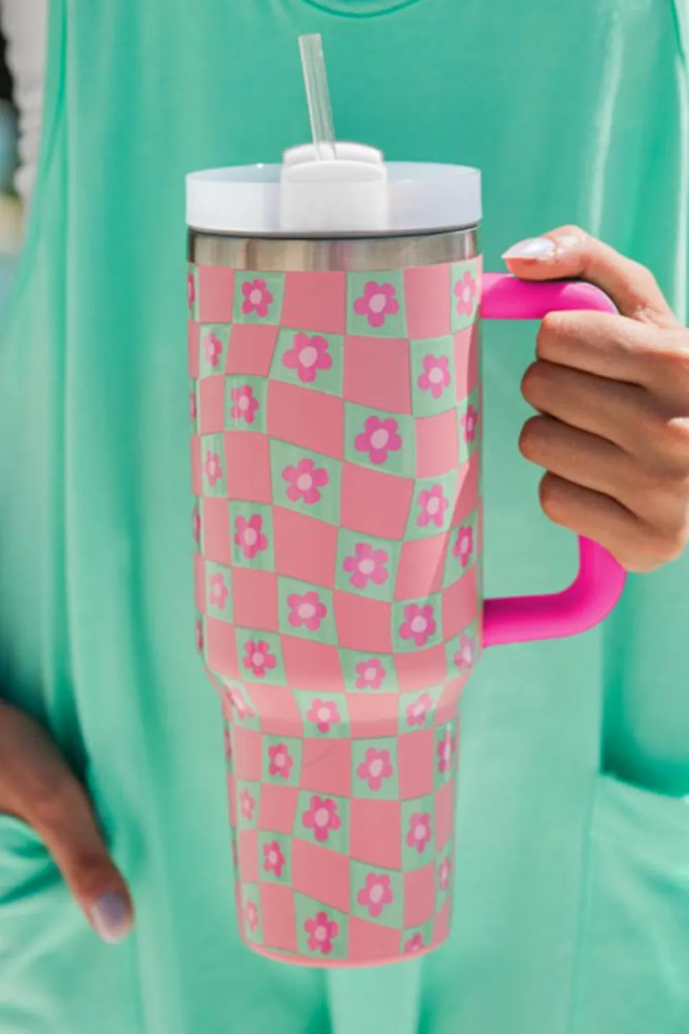 Fashion Dear-Lover Flower Checkered Pattern Cup with Straw 40oz Bright Pink