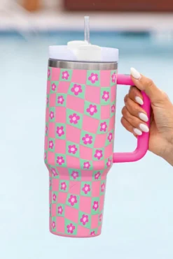 Fashion Dear-Lover Flower Checkered Pattern Cup with Straw 40oz Bright Pink