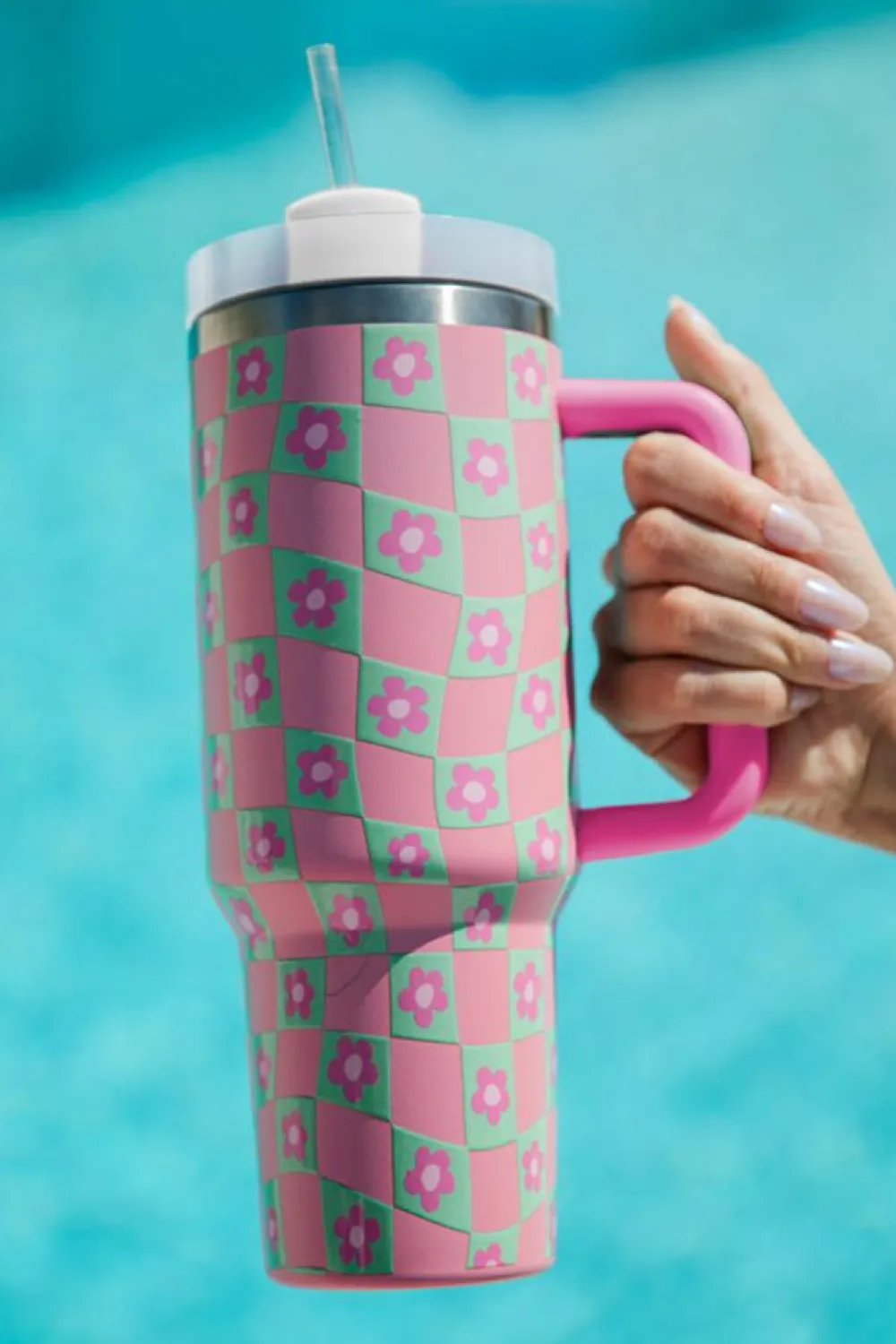 Fashion Dear-Lover Flower Checkered Pattern Cup with Straw 40oz Bright Pink