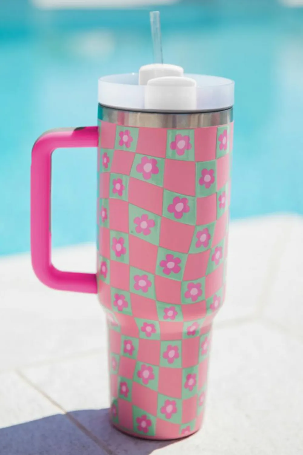 Fashion Dear-Lover Flower Checkered Pattern Cup with Straw 40oz Bright Pink