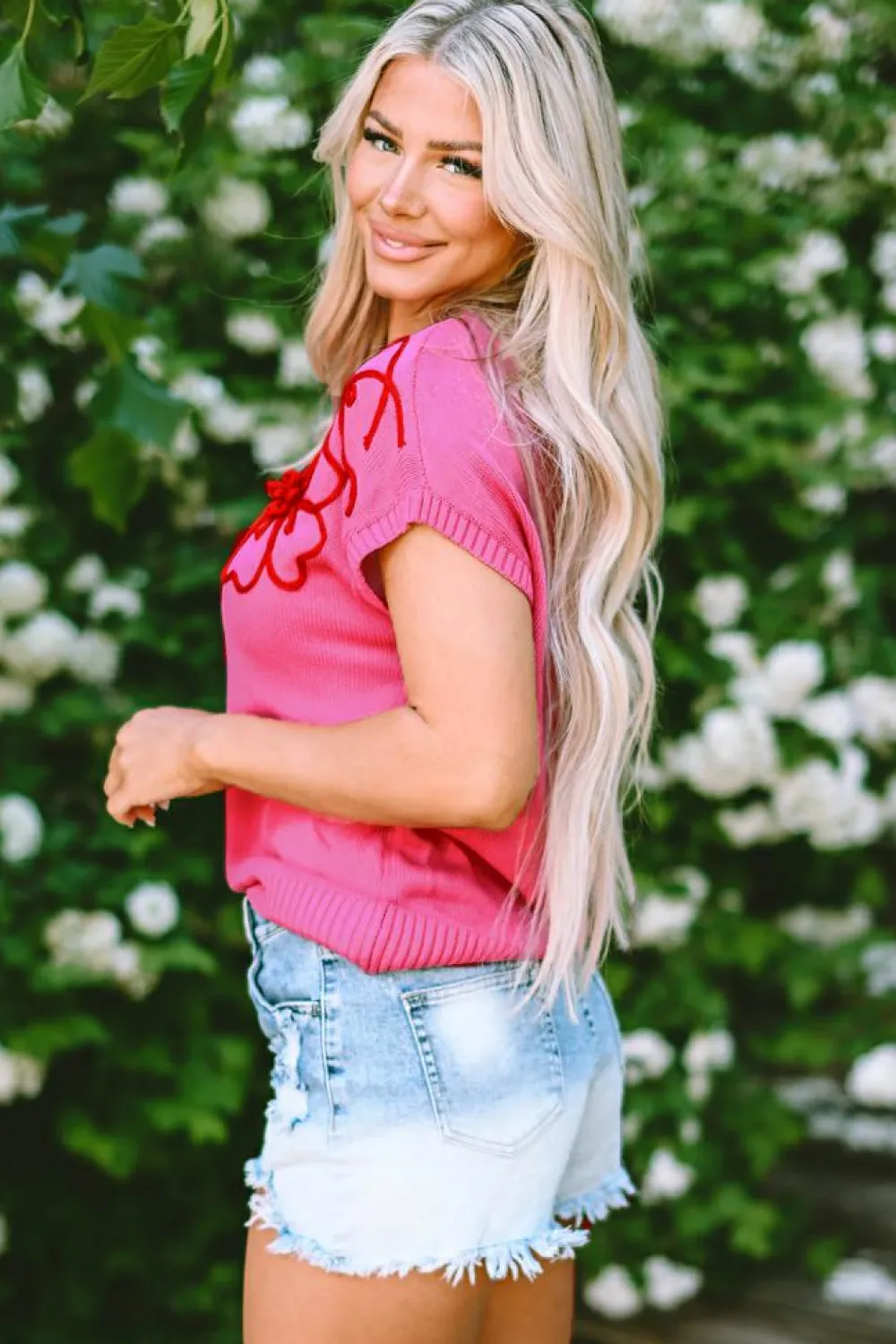 Hot Dear-Lover Flower Embroidery Short Sleeve Knitwear Top Bright Pink