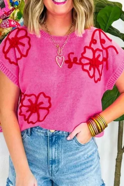 Hot Dear-Lover Flower Embroidery Short Sleeve Knitwear Top Bright Pink