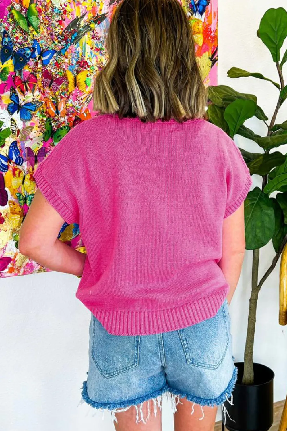 Hot Dear-Lover Flower Embroidery Short Sleeve Knitwear Top Bright Pink