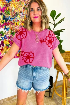 Hot Dear-Lover Flower Embroidery Short Sleeve Knitwear Top Bright Pink